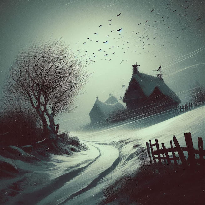 寒色孤村幕，悲风四野闻。