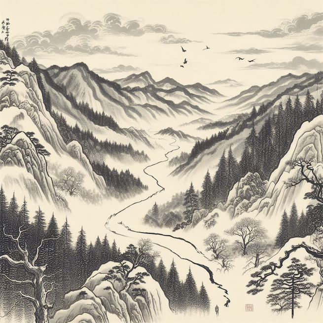 路出寒云外，人归暮雪时。