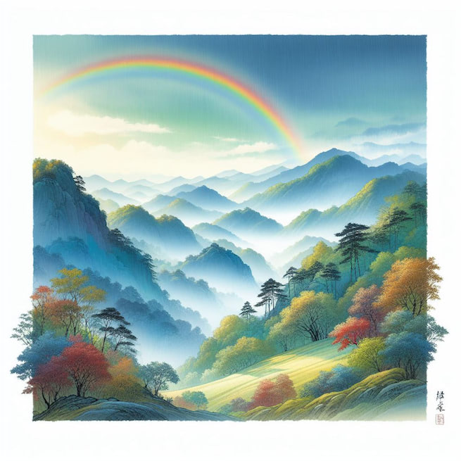 断虹霁雨，净秋空，山染修眉新绿。