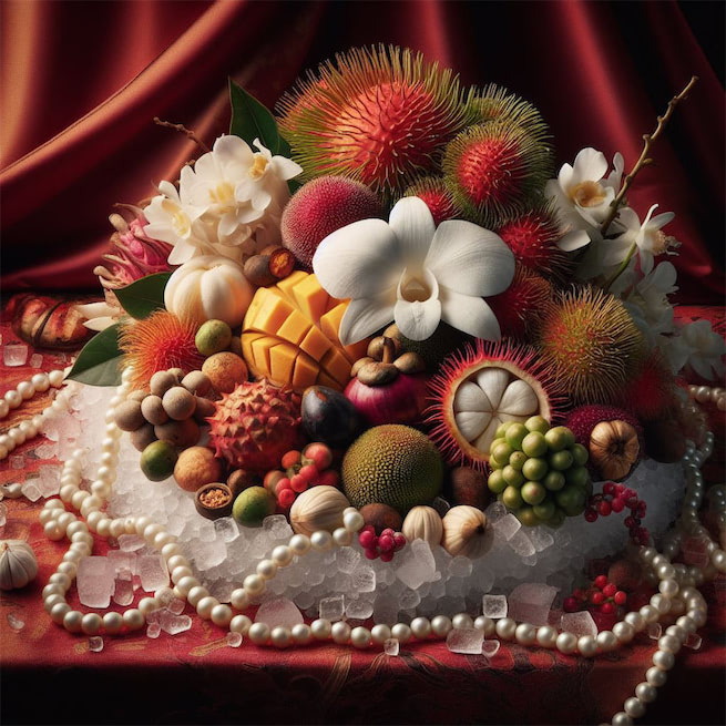 世间珍果更无加，玉雪肌肤罩绛纱。