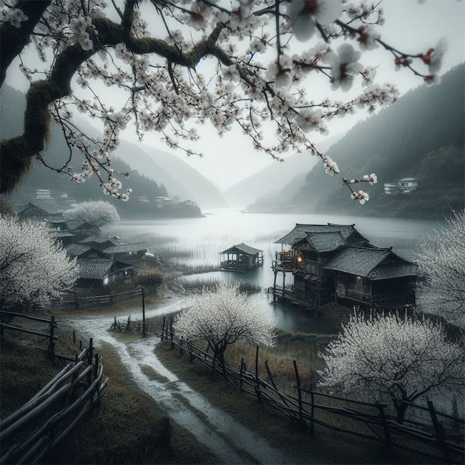 杏花时节雨纷纷。山绕孤村。水绕孤村。 Poster