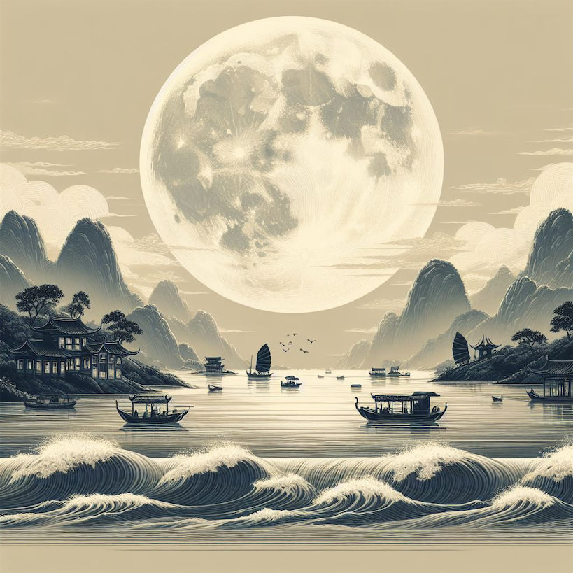 春江潮水连海平，海上明月共潮生。