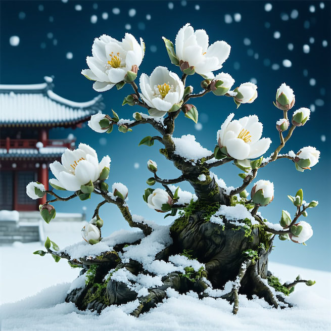 飞絮飞花何处是，层冰积雪摧残，疏疏一树五更寒。