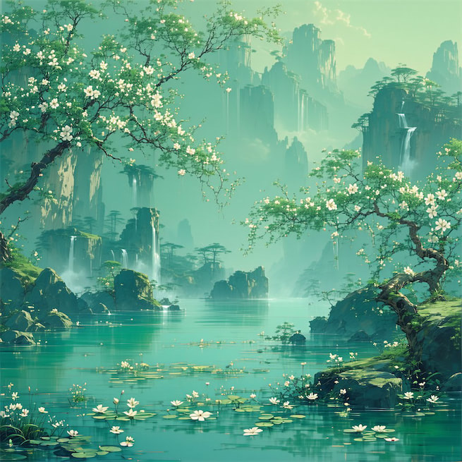 野渡花争发，春塘水乱流。