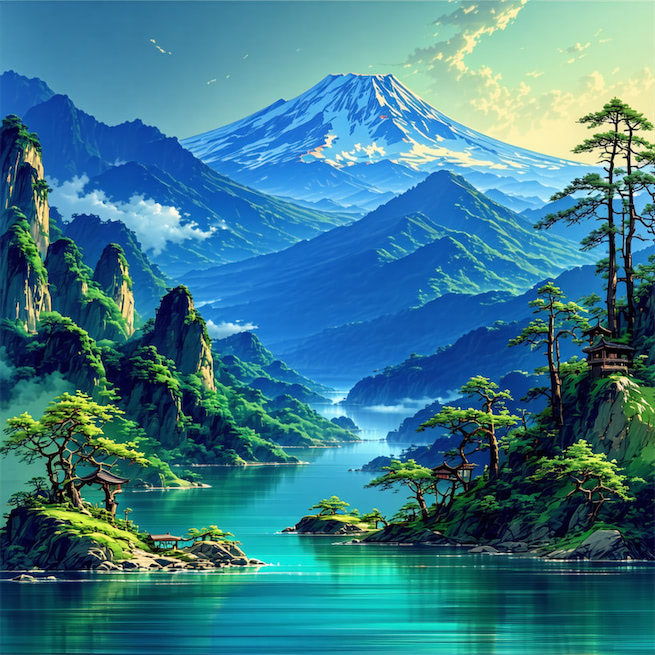 今日云景好，水绿秋山明。