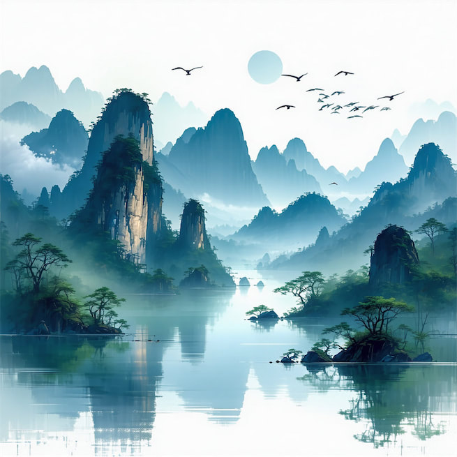 今日云景好，水绿秋山明。