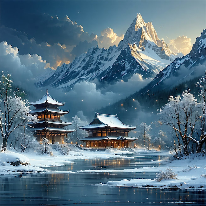 路出寒云外，人归暮雪时。