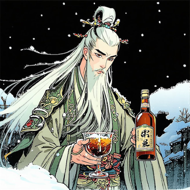 将军玉帐貂鼠衣，手持酒杯看雪飞。