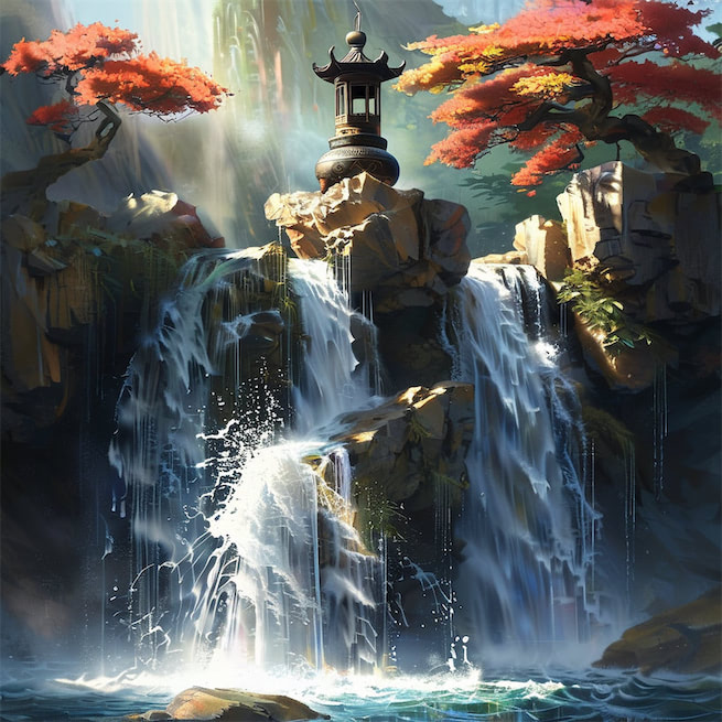 香炉初上日，瀑水喷成虹。