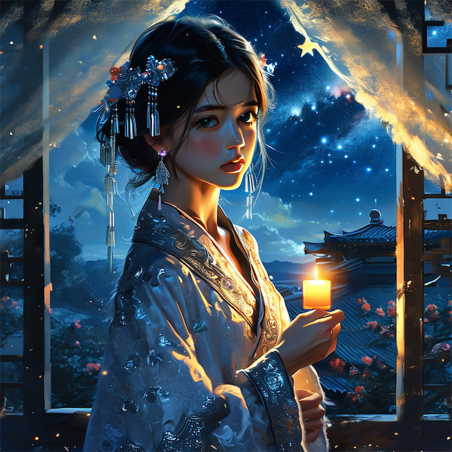 夜色银河情一片。轻帐偷欢，银烛罗屏怨。 Poster