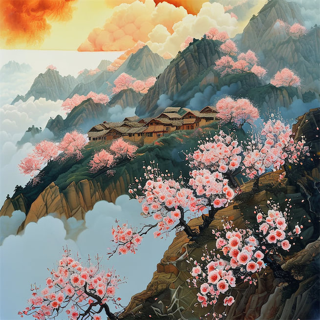 山上层层桃李花，云间烟火是人家。 Poster