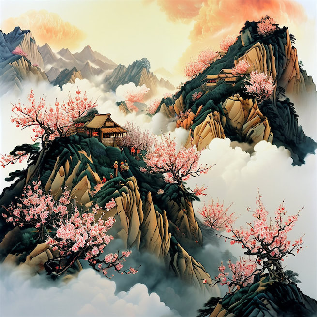 山上层层桃李花，云间烟火是人家。