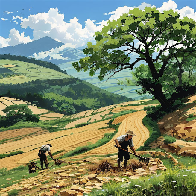 父耕原上田，子劚山下荒。